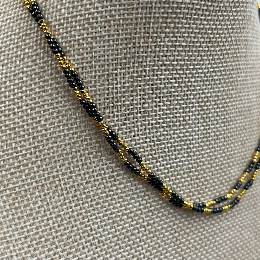 Vintage‎ Black & Gold Seed Bead Necklace Multi Strand Torsade Statement Jewelry